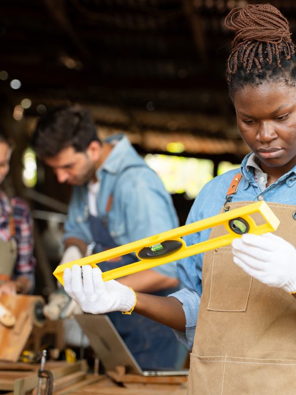 Portrait of carpenter female worker standing in front of colleague in workshop